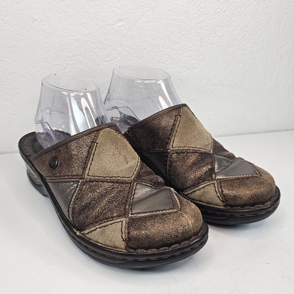 Josef Seibel Mules Patchwork Brown Gold Metallic Suede Leather Clogs Size 38